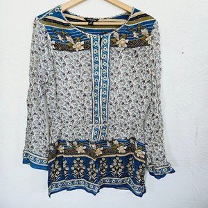 Lucky Brand Savannah Gypsy Peasant Boho Floral Semi Sheer Blouse Cinch Tunic M